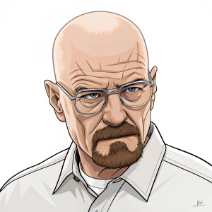 Cartoon illustration of Walter White from Breaking Bad. Close-up of face with angry expression. White hair, prominent mustache, stern look. Wearing white collared shirt and glasses with large frames. White background.