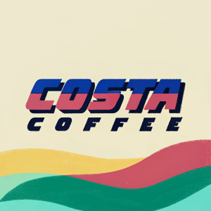 Modern logo for Costa Coffee featuring the brand name in bold, sleek font. Below it, a wave-like graphic in a soft, muted color palette. The design evokes quality and sophistication, making the logo both visually appealing and memorable.