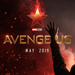 Movie poster for 'Avenge Us'. Dark, fiery background with a hand in the foreground. Marvel Studios logo prominently displayed. Release date: May 2019. Dominated by red and gold hues.