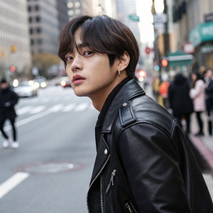 Close-up portrait of Kim Taehyung. Wearing black leather jacket, against busy city street background