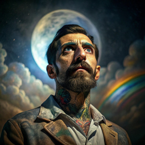 Worm's-eye view of a person wearing a Guise, tattoo, fauvism, diego fernandez, wyeth, Moonlight, Refraction

