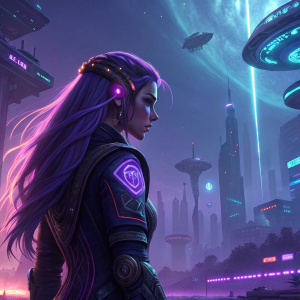 In a futuristic digital landscape, a League of Legends character, with long purple hair adorned with glowing runes, stands in a dynamic pose. The background is a cybernetic cityscape with neon lights and floating platforms.