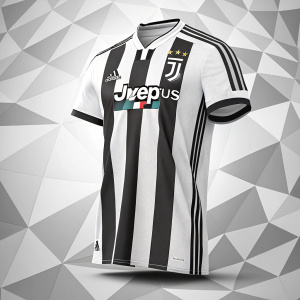 Digital art rendering of a Juventus FC jersey. Classic Adidas branding. Bold black and white stripes on front and sleeves. Illustration set against a geometric patterned background.
