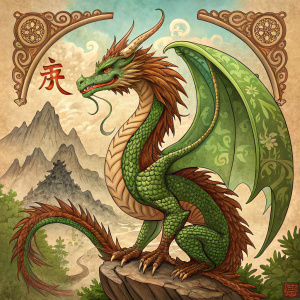 Illustration of Dilong, the Earth Dragon from Chinese Mythology. Digital Art, inspired by Traditional Asian Art. Green and Brown colors, textured background, border, decorative elements