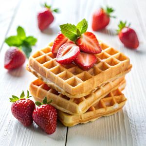 Waffles with filling are sweet decorated with strawberries, on a white table, white transparent background