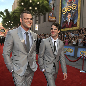 Mark Salling and Darren Criss at 'Glee: The 3D Concert Movie' premiere. Both in gray suits. Cheerful smiles on red carpet. Crowds watching.