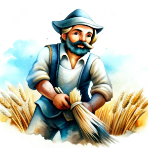 Medieval farmer working in barley field, cartoon