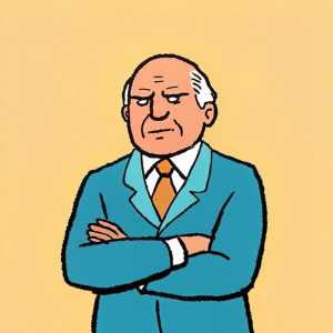 a rich old man in a business suit stands with his arms crossed 