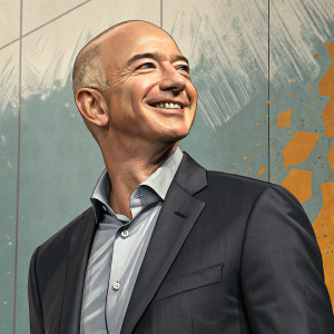 Illustration of Jeff Bezos, Amazon founder, smiling confidently. Wearing a dark gray suit. Background is an abstract, textured wall with a muted color palette. Illustration has photo-like quality, focusing on upper torso.