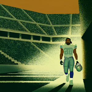 Ezekiel Elliott, African American male with a beard and styled hair, confidently walking out of a dimly lit tunnel after a game. Stadium empty, wearing Dallas Cowboys jersey and athletic attire.