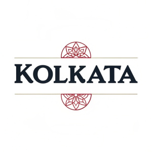 Logo design for Kolkata. Modern sans-serif font in bold black, centered on a clean white backdrop. Simple geometric emblem, abstract and sleek, in vibrant red, positioned below the text.