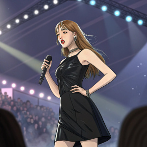 Chuu from LOONA, wearing a sleek black dress, poses confidently on stage. Glowing lights and blurred crowd in the background.