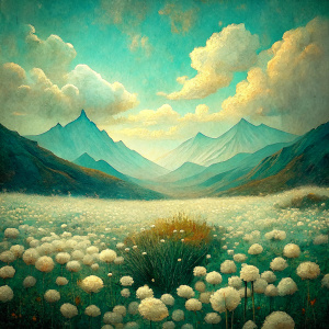 Vintage Old, Soft Colors, Field Landscape Small White Wild Flowers, Mountains, Sky and Clouds