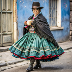 MODELO CHOLITA BOLIVIANA CUERPO COMPLETO CON POLLERA FINA DELGADA CAFE Y UN SACO NEGRO LARGO Y BOTAS 
