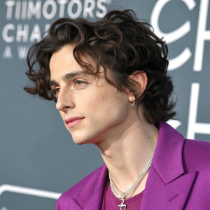 Close-up of Timothée Chalamet, Caucasian male with curly dark brown hair. Thoughtful expression in vibrant purple blazer. Backdrop with modern text elements. Bright even lighting highlights his upper body and face.