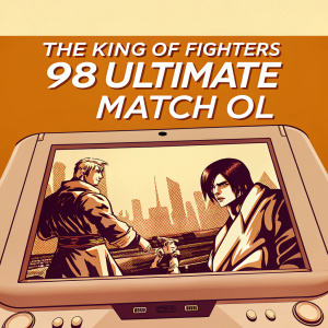 Digital screen displaying the game 'The King of Fighters 98 Ultimate Match OL'. Korean version, featuring characters, level progression, and in-game currency. Vibrant cityscape background with neon lights.