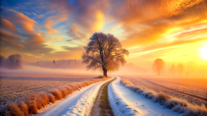 field tree winter sunrise mist snow way aside early morning