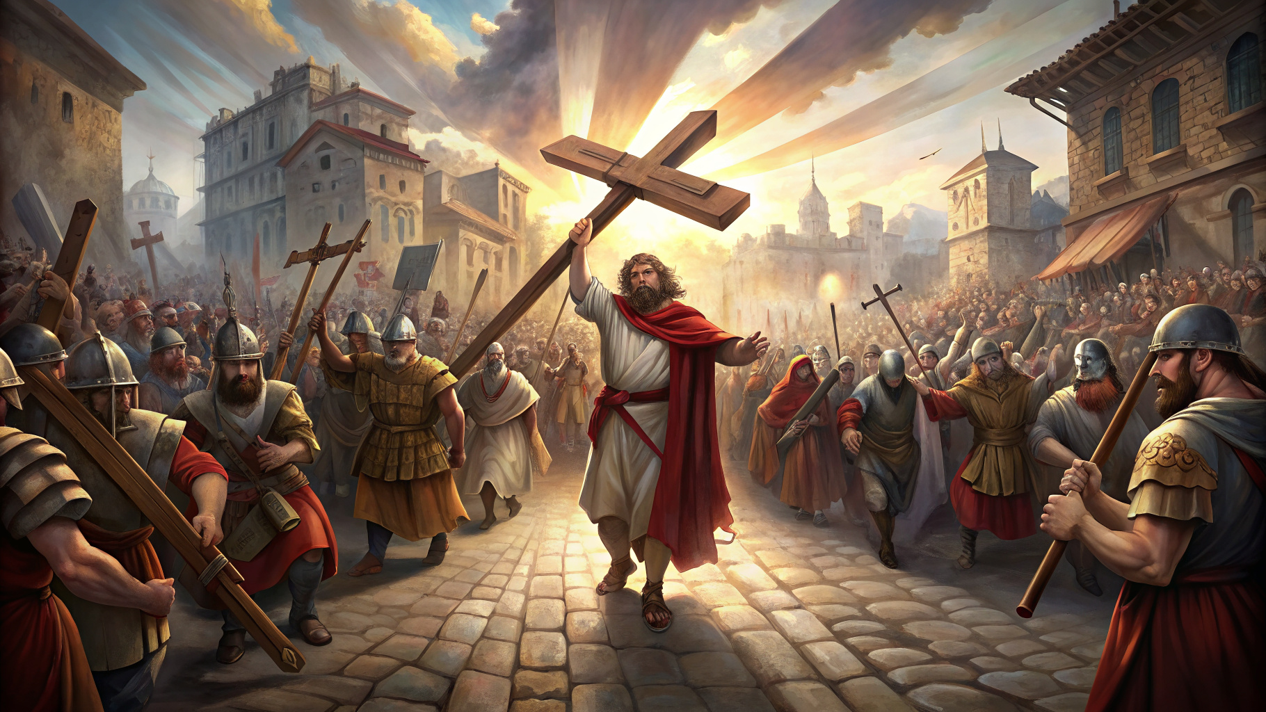 Jesus carregando a cruz no meio da cidade com soldados romanos atrás dele e pessoas paradas nas ruas olhando