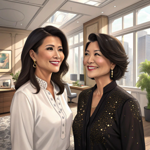 Kelly Hu and Juanita Hu-Takara in an elegant office setting. Both women are of East Asian descent, smiling. Kelly wears a white blouse, Juanita a black blouse with sequins. Dark hair styled in short to medium lengths.