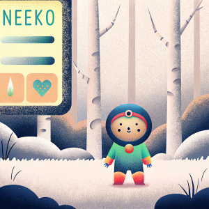 Neeko from League of Legends, animated character, standing in a forest. The screen shows a HUD with health bars and spell icons. Dark forest background with glowing magic effects