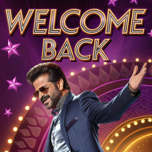 Anil Kapoor in a vibrant movie poster for 'Welcome Back'. Rich hues of purple, gold, and silver dominate the colorful design.