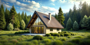 country one-story small house, minimalistic, small windows, not pretentious, simple design, triangular roof, a lot of details, located in the forest, there is a lot of grass, greenery and trees around, bright sky, natural daylight, photorealism, high quality photos, photos like in life, hdr, 3K, professional photographer