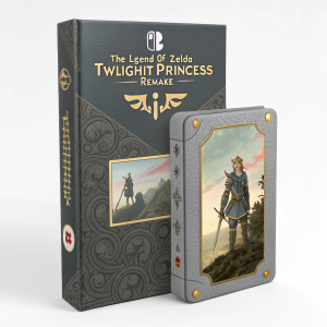 Limited edition 'The Legend of Zelda: Twilight Princess Remake' box art for Nintendo Switch. Gray and gold colors. Miniature cover art and title.