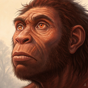 Close-up of a Neanderthal's face. Reddish-brown skin tone, wide eyes, detailed muscles