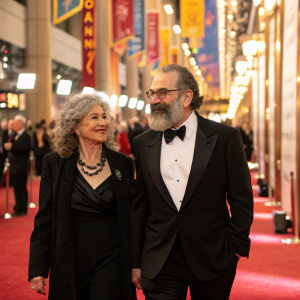 Mandy Patinkin and Kathryn Grody, both in formal attire, attending a gala. Strolling through a brightly lit, bustling corridor adorned with banners and awards