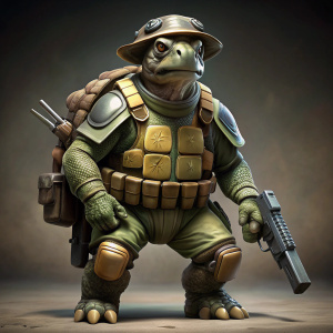 Una tortuga humanoide militar con dos pistolas en la cintura y un sombrero militar
