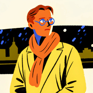 Paul Bettany, thoughtful expression, brown hair, vintage glasses, scarf peeking out, standing in front of a blurred cityscape at night.