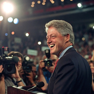 Bill Clinton at a press conference. Smiling warmly. Background of large crowd and flashing cameras.