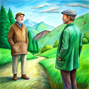 old man walking into green land and the old man talking to another person