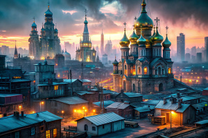Russian cyberpunk city. grayness and cyberpunk. slums in the foreground and neon skyscrapers far behind, few churches

