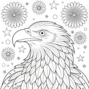 coloring page, white background, black line art, minimal details, Bald Eagle with Fireworks