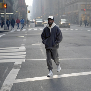 Kyrie Irving, basketball player, posing in a streetwear outfit. The backdrop is a busy city street.