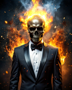 effect, photoshop action, realistic black skull with human body in tuxedo gold on head, flames of fire, sparks, dust, explosion, effect, xd quality, micro detail sharpening,