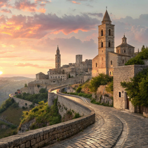 Sunrise over a medieval town in Puglia, Italy. Stone buildings, towers, and steeples dot the hillside.