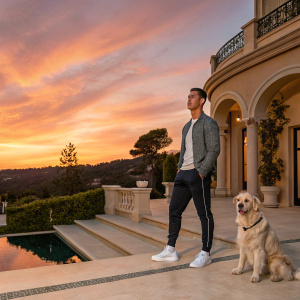 Cristiano Ronaldo, in his prime, at a luxurious villa. Golden retriever by his side. Sunset backdrop.