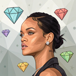 Rihanna in a digital, low-poly art style. Jewel-like shapes float around her abstractly, creating a modern and unique background.