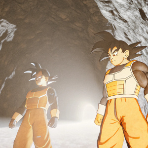 Characters from Dragon Ball GT. Intense poses, detailed costumes. Dark cave background