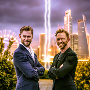 Chris Hemsworth and Tom Hiddleston at the Avengers Endgame World Premiere. Dark suits, standing in front of neon lit, futuristic cityscape backdrop.