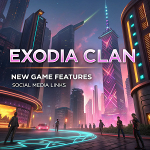Digital artwork showcasing the Exodia Clan. Futuristic cityscape background, neon lights. Promotional text highlights new game features and social media links.