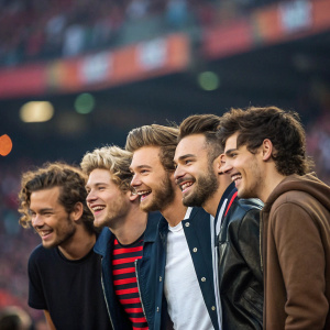A candid shot of Louis Tomlinson, Niall Horan, Liam Payne, Harry Styles, and Zayn Malik. The quintet gathers at a vibrant stadium concert, background blurred, capturing their spontaneous joy and camaraderie.