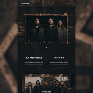 Homepage for Mayday Parade band. Dark background, abstract grayscale shapes, band members photos, links to music, merchandise, and tour dates.