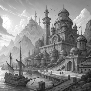 A detailed, black and white illustration of Boralus, the capital of Kul Tiras, in the World of Warcraft. Featuring intricate stone architecture, towering structures, bustling shipyard, and detailed rigging, rendered in a traditional sketch style with fine lines and deep shading.