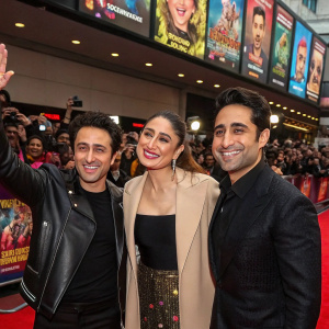 Kareena Kapoor, Imran Khan, and Puneet Malhotra at a lively movie premiere. Crowds cheering, flashing cameras.
