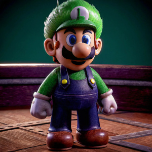 3D render of Luigi from Super Mario Bros series, standing on a solid green background. Friendly and confident expression