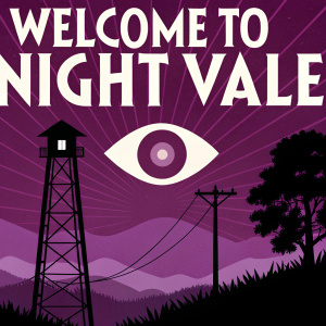 Promotional poster for Welcome to Night Vale. Vibrant, mysterious theme. Purple and black tones. Alien eye, power pole, power lines. Welcome message in stylized font.