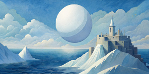 White illustration, René Magritte style, surrealism  aesthetics, architecture,  huge ocean, white, magic, gain paper, --aspect 4:1